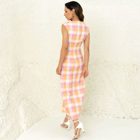 CHARLIE HOLIDAY Madonna Check Linen/Cotton Dress Size 6 - Picture 3 of 10